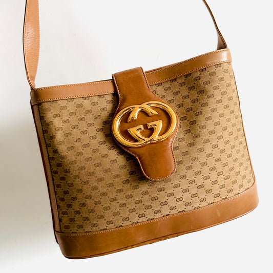 Gucci Beige GHW Giant GG Monogram Logo Bucket Flap Shoulder Sling Bag