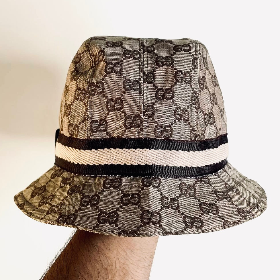 Gucci Beige GHW GG Monogram Logo Web Striped Bucket Hat
