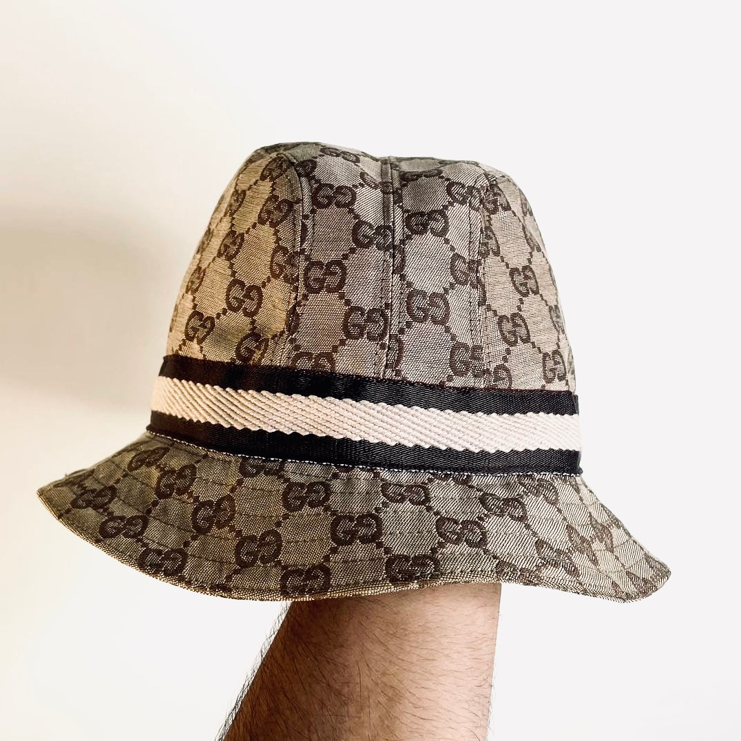 Gucci Beige GHW GG Monogram Logo Web Striped Bucket Hat