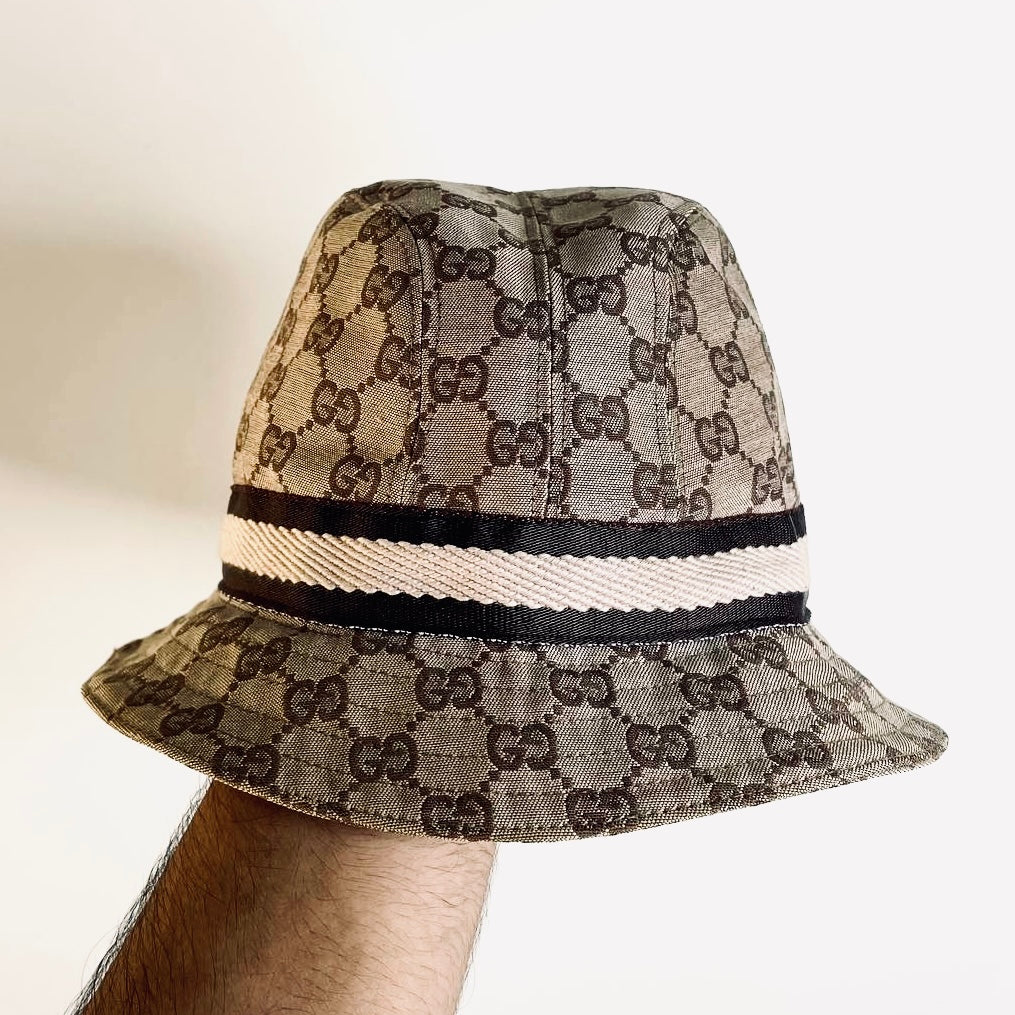 Gucci Beige GHW GG Monogram Logo Web Striped Bucket Hat