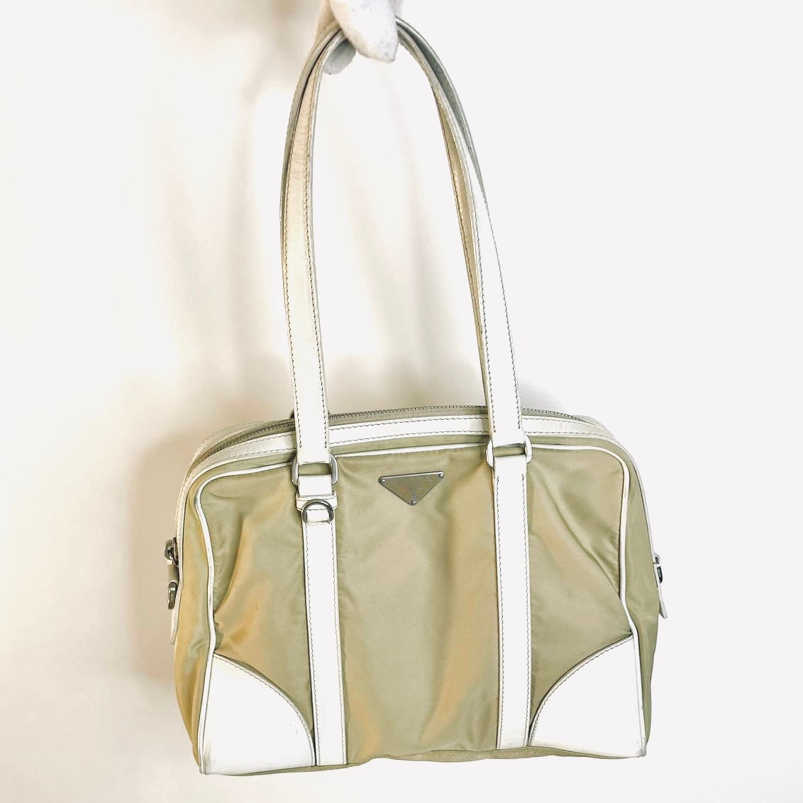 Prada Khaki Beige / White Tessuto Utility Monogram Logo Nylon & Leather Boston Bowling Shopper Shoulder Tote Bag