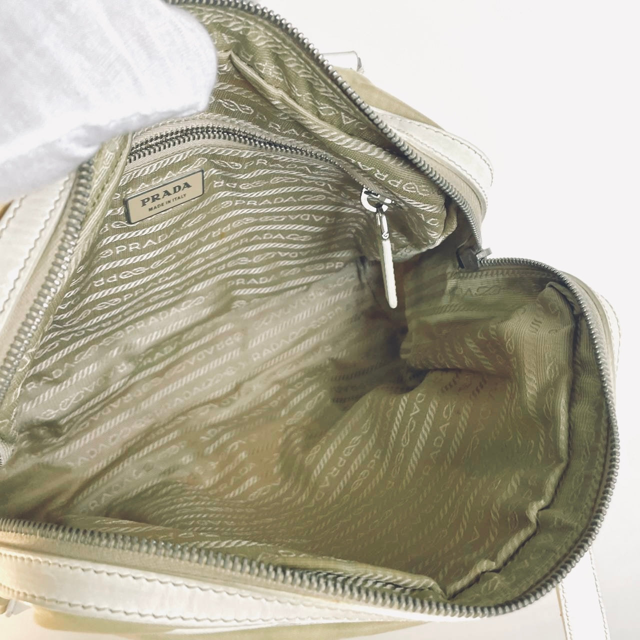 Prada Khaki Beige / White Tessuto Utility Monogram Logo Nylon & Leather Boston Bowling Shopper Shoulder Tote Bag
