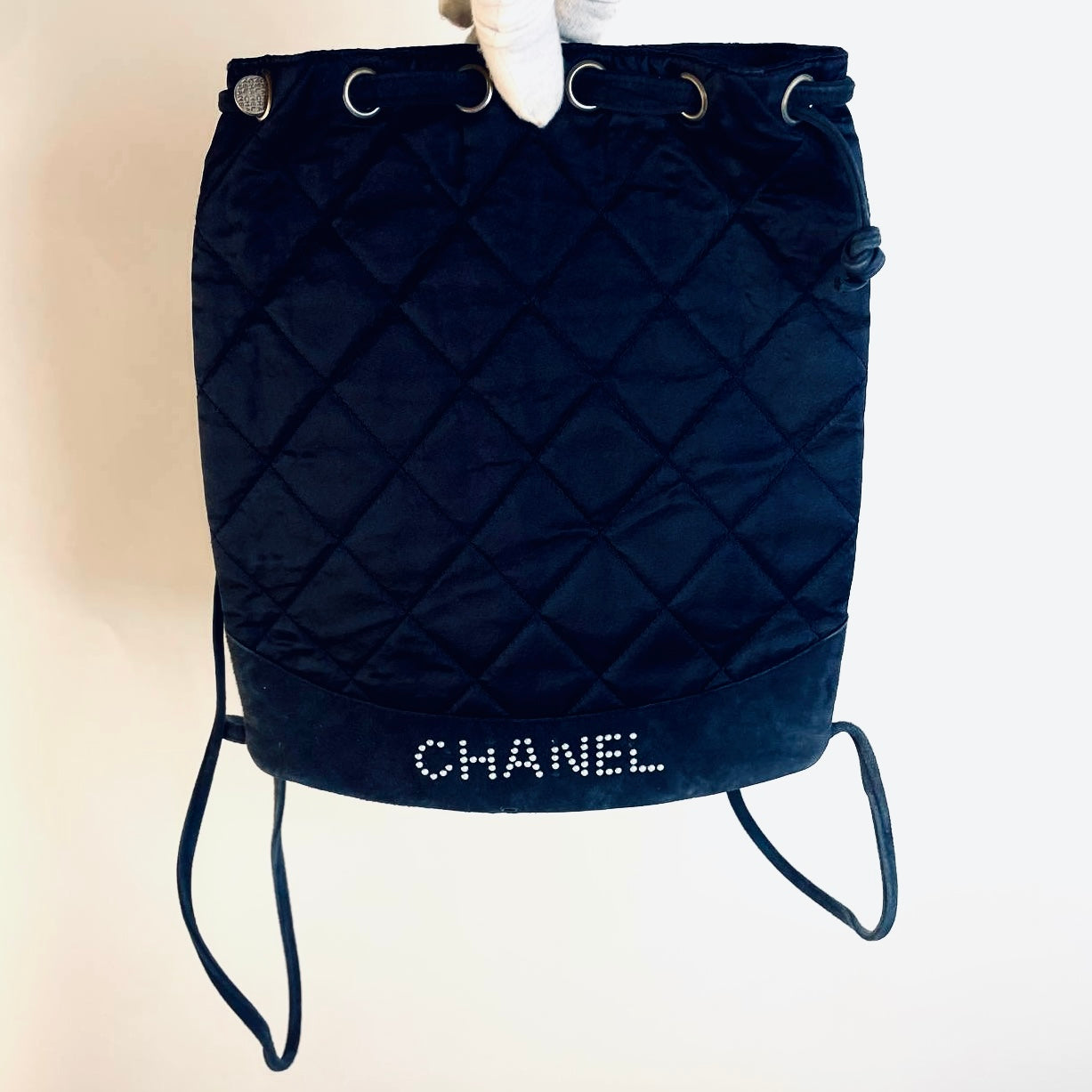 Chanel CC Navy Blue Monogram Logo Quilted Velvet Satin & Suede Bucket Drawstring Backpack Vintage Bag 6s