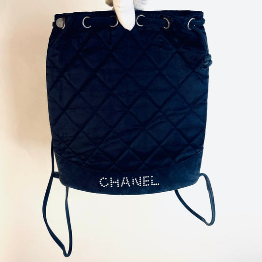 Chanel CC Navy Blue Monogram Logo Quilted Velvet Satin & Suede Bucket Drawstring Backpack Vintage Bag 6s