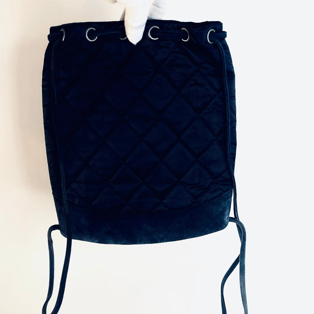 Chanel CC Navy Blue Monogram Logo Quilted Velvet Satin & Suede Bucket Drawstring Backpack Vintage Bag 6s