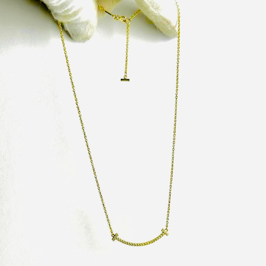 Tiffany & Co T&C T Wire Smile Pendant Au750 18K Yellow Gold With Diamonds Small SM Chain Necklace