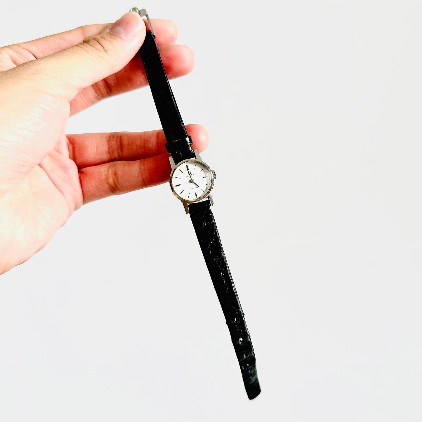 Omega Geneve Round White Dial Stainless Steel Black Leather Strap 18MM Vintage Watch