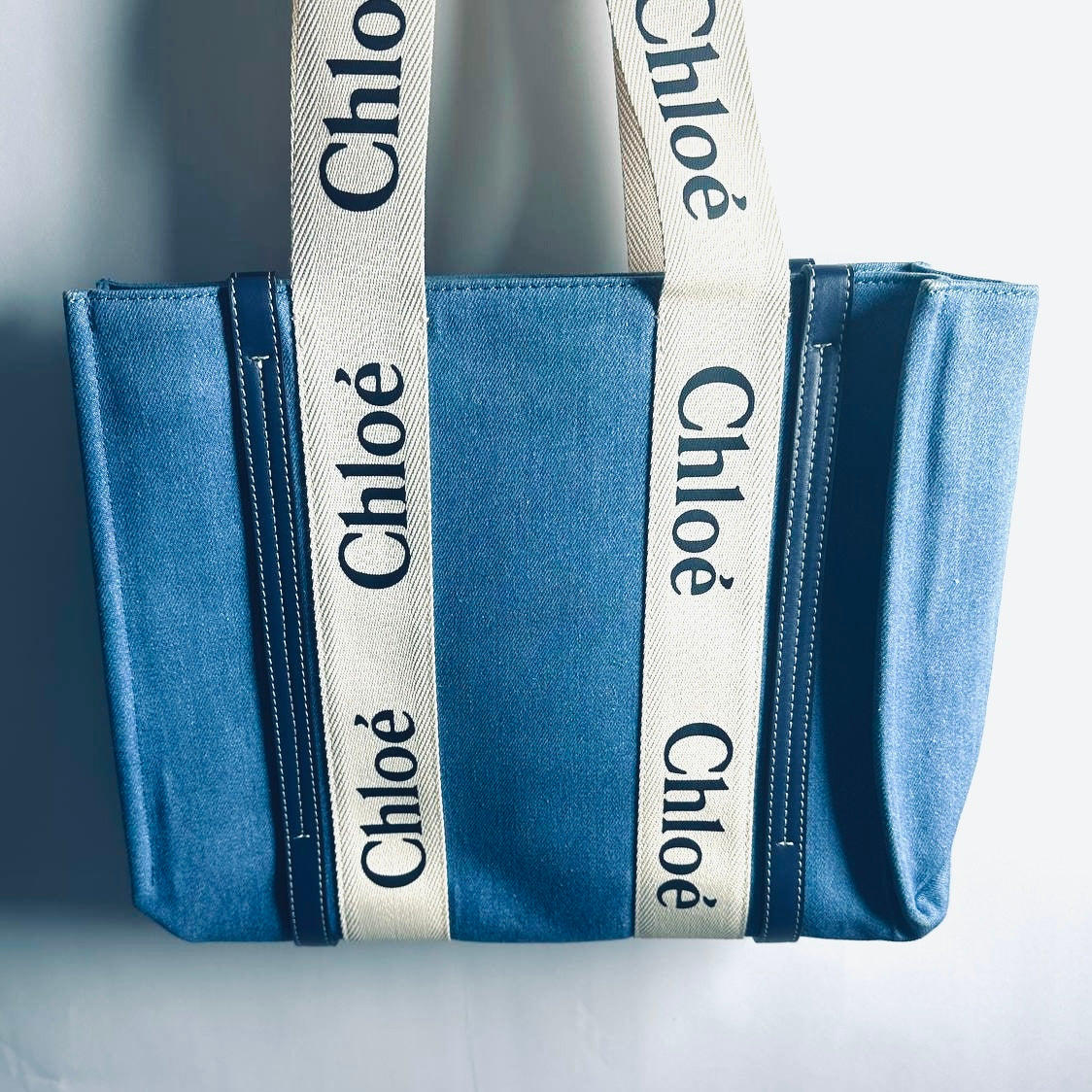 Chloe Woody Denim Blue / White Monogram Logo Shopper Medium Shoulder Tote Bag