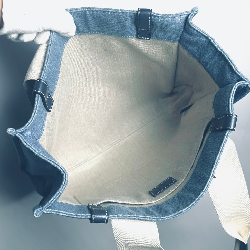Chloe Woody Denim Blue / White Monogram Logo Shopper Medium Shoulder Tote Bag