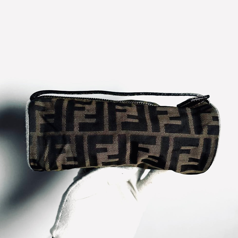Fendi Zucca Brown GHW FF Monogram Logo Roller Pochette Accessories Hobo Mini Bag