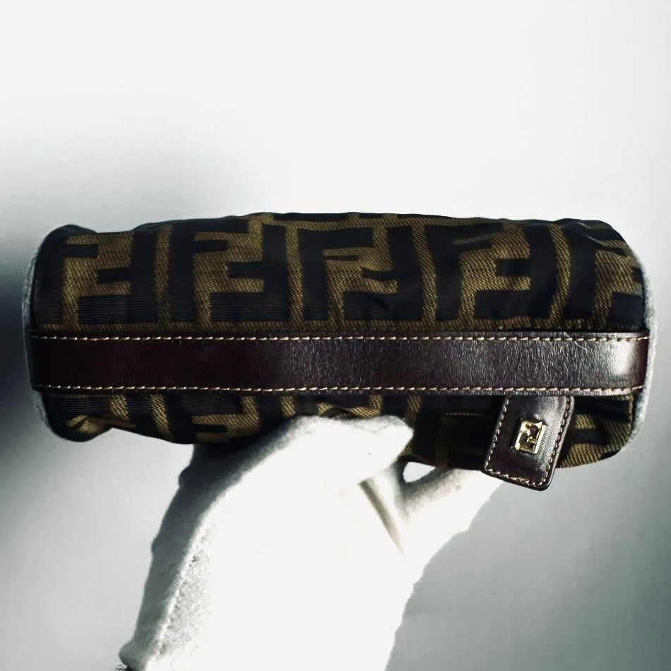 Fendi Zucca Brown GHW FF Monogram Logo Roller Pochette Accessories Hobo Mini Bag