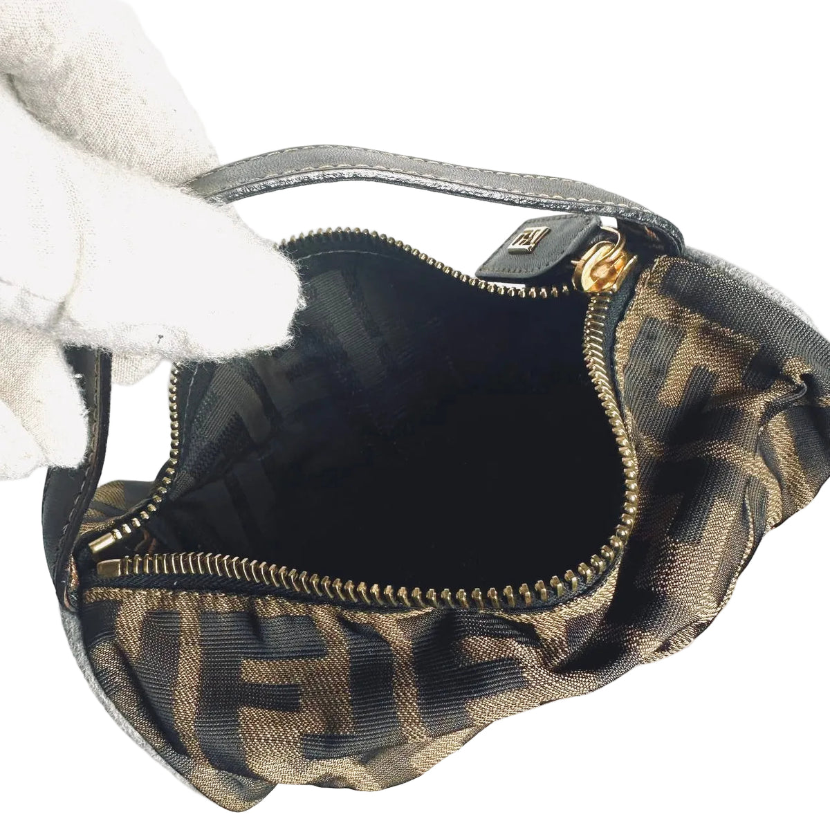 Fendi Zucca Brown GHW FF Monogram Logo Roller Pochette Accessories Hobo Mini Bag