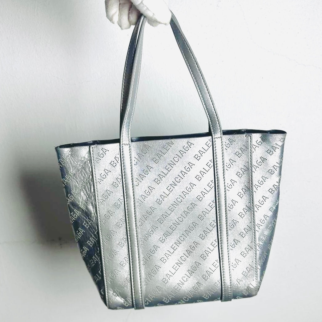 Balenciaga Metallic Silver Everyday XXS Monogram Logo 2-Way Shoulder Shopper Perforated Leather Tote Bag