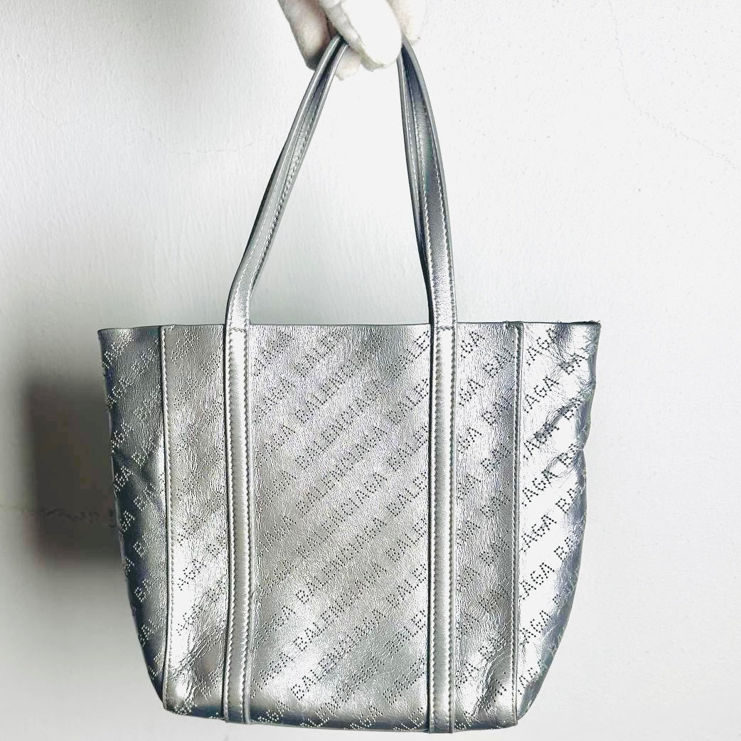 Balenciaga Metallic Silver Everyday XXS Monogram Logo 2-Way Shoulder Shopper Perforated Leather Tote Bag