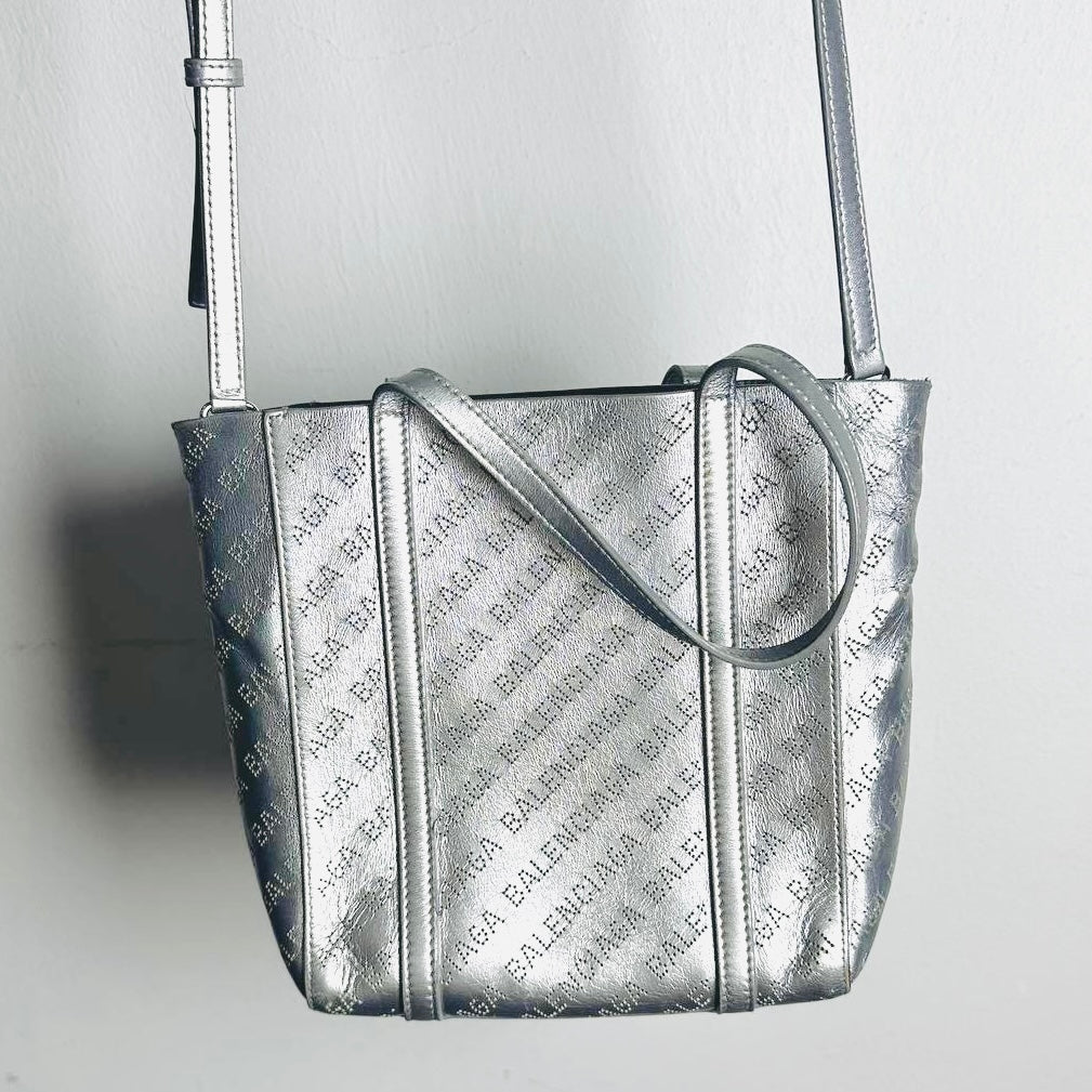 Balenciaga Metallic Silver Everyday XXS Monogram Logo 2-Way Shoulder Shopper Perforated Leather Tote Bag