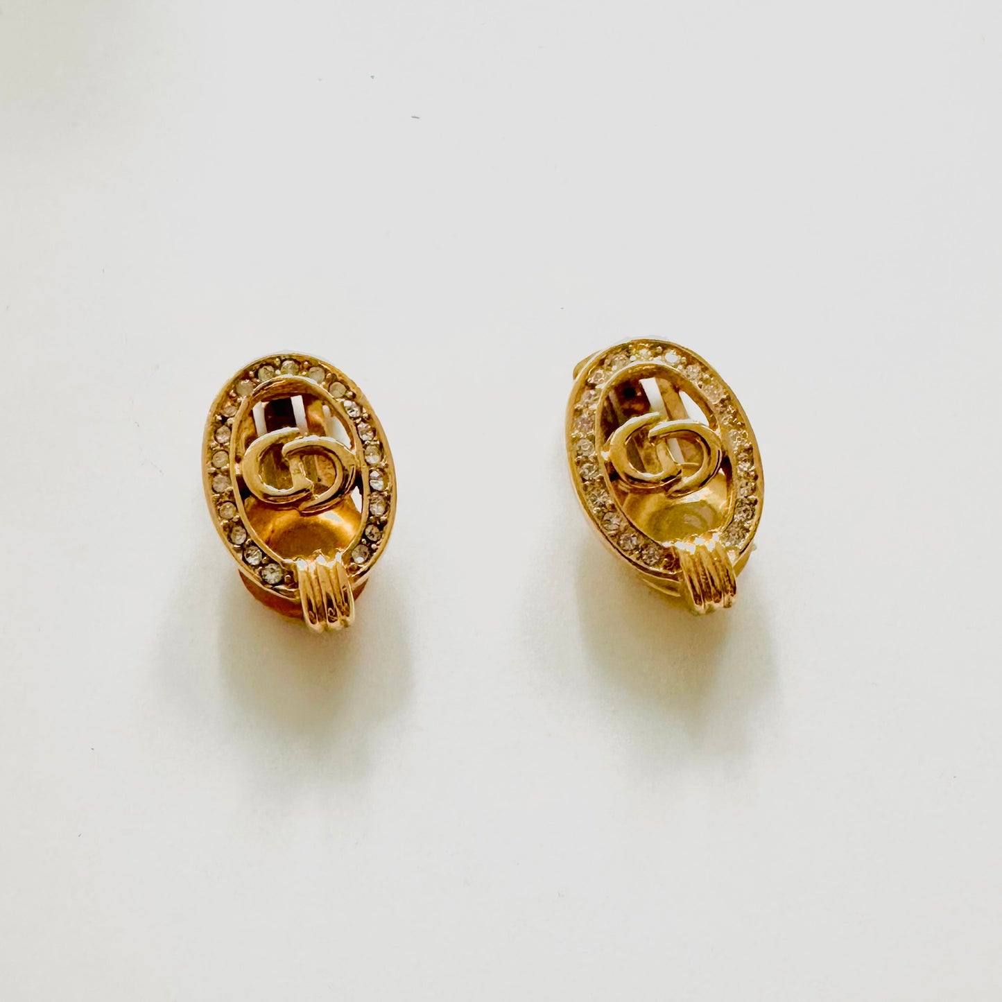Christian Dior CD Monogram Logo Gold Crystals Oval Vintage Clip On Earrings