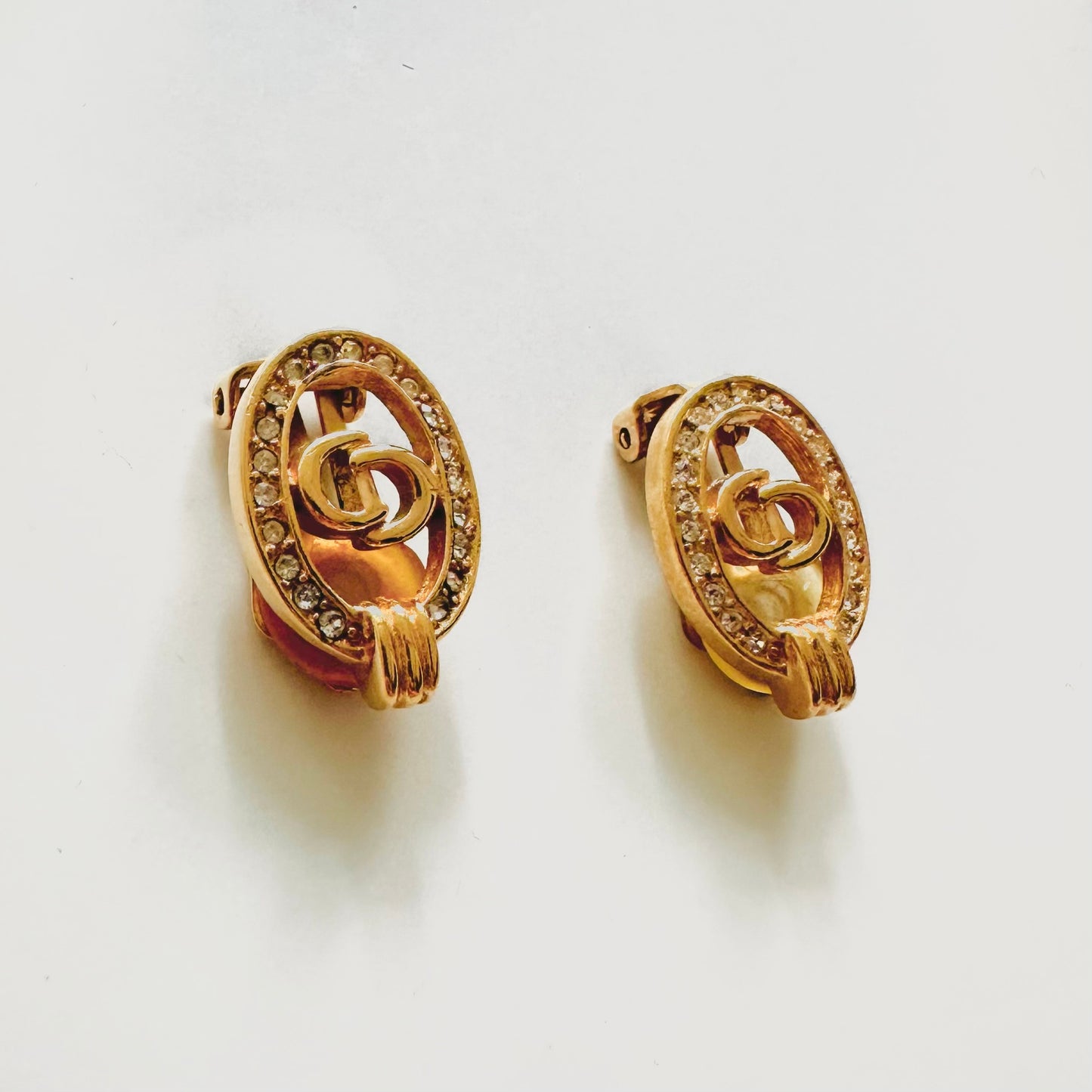 Christian Dior CD Monogram Logo Gold Crystals Oval Vintage Clip On Earrings