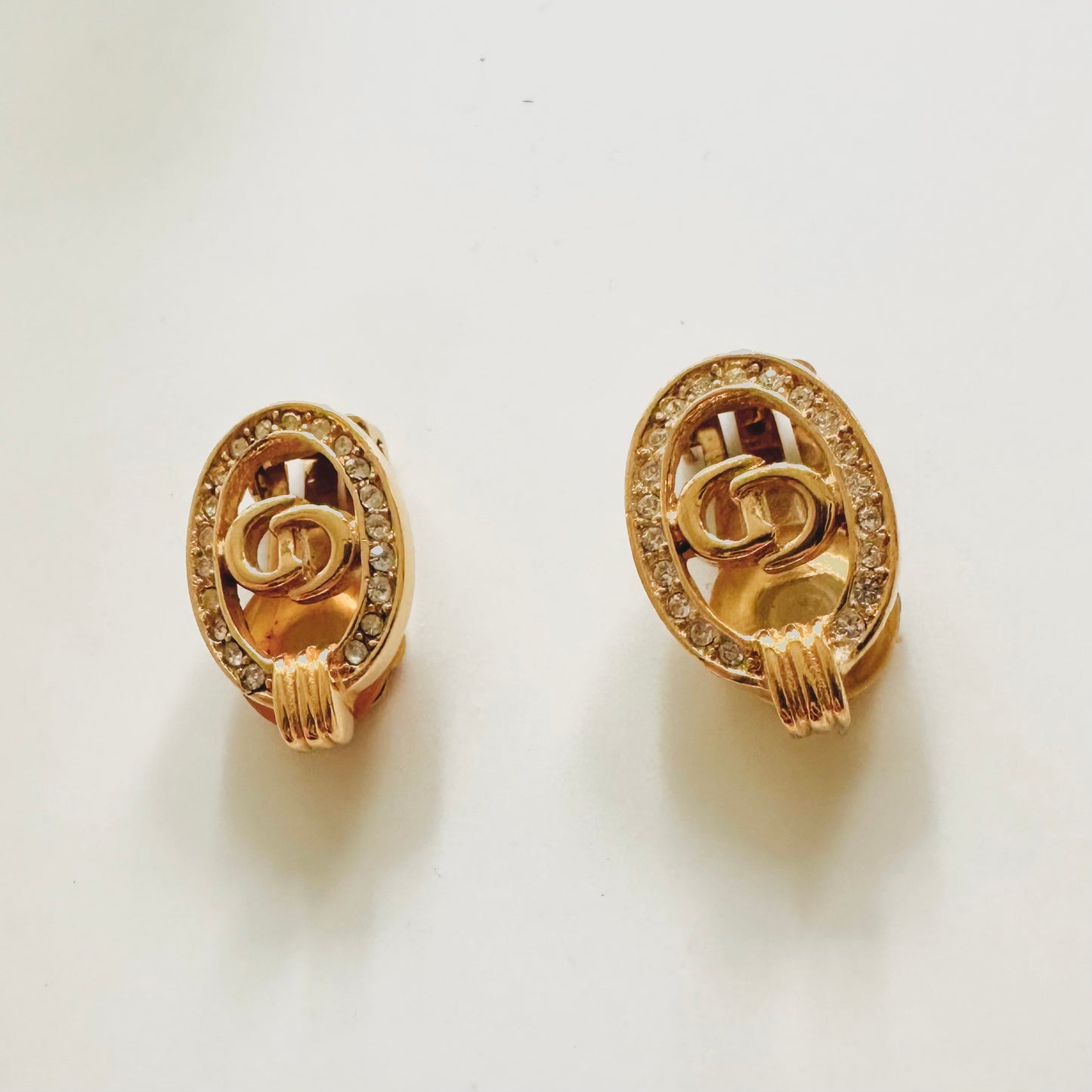 Christian Dior CD Monogram Logo Gold Crystals Oval Vintage Clip On Earrings