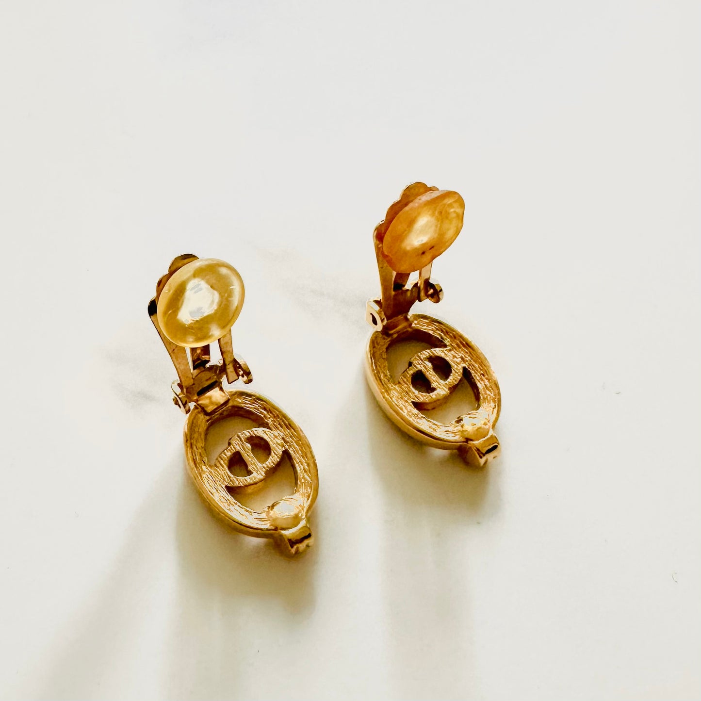 Christian Dior CD Monogram Logo Gold Crystals Oval Vintage Clip On Earrings