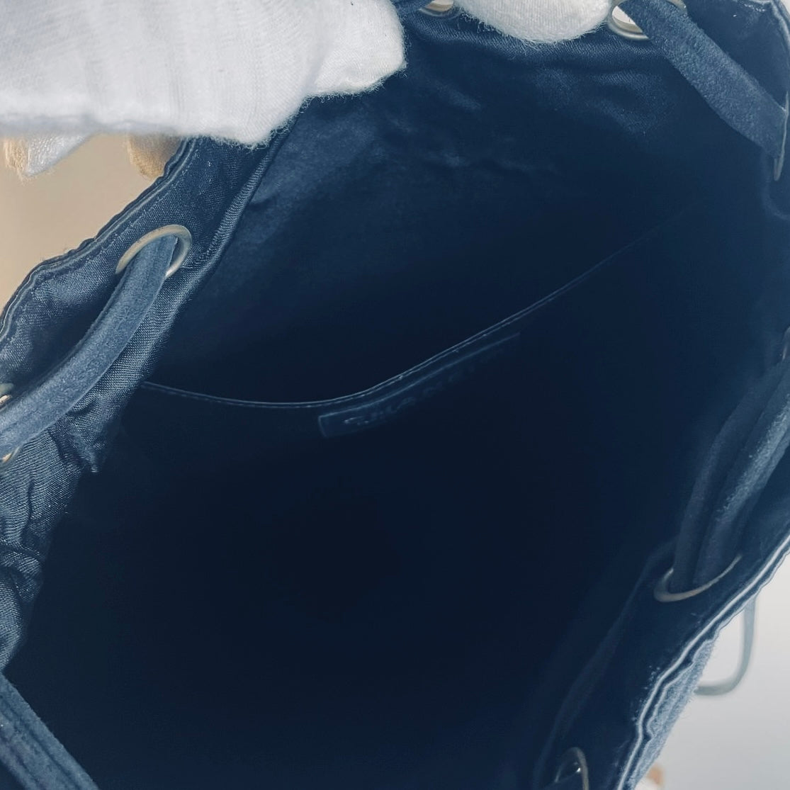 Chanel CC Navy Blue Monogram Logo Quilted Velvet Satin & Suede Bucket Drawstring Backpack Vintage Bag 6s