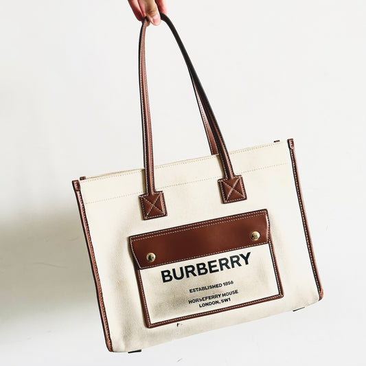 Burberry Small Freya Giant Monogram Logo Shopper Shoulder Tote Bag (Natural / Tan)