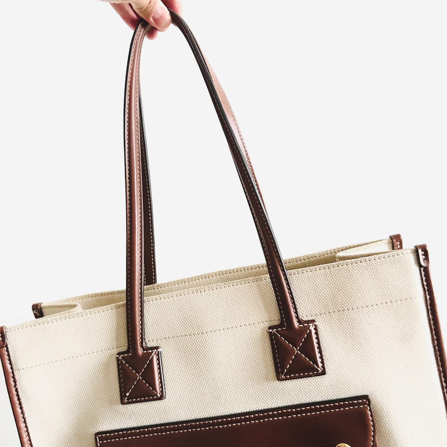 Burberry Small Freya Giant Monogram Logo Shopper Shoulder Tote Bag (Natural / Tan)