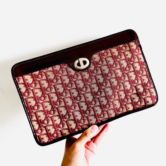 Christian Dior CD Maroon Red GHW Oblique Monogram Logo Clutch Pouch Case