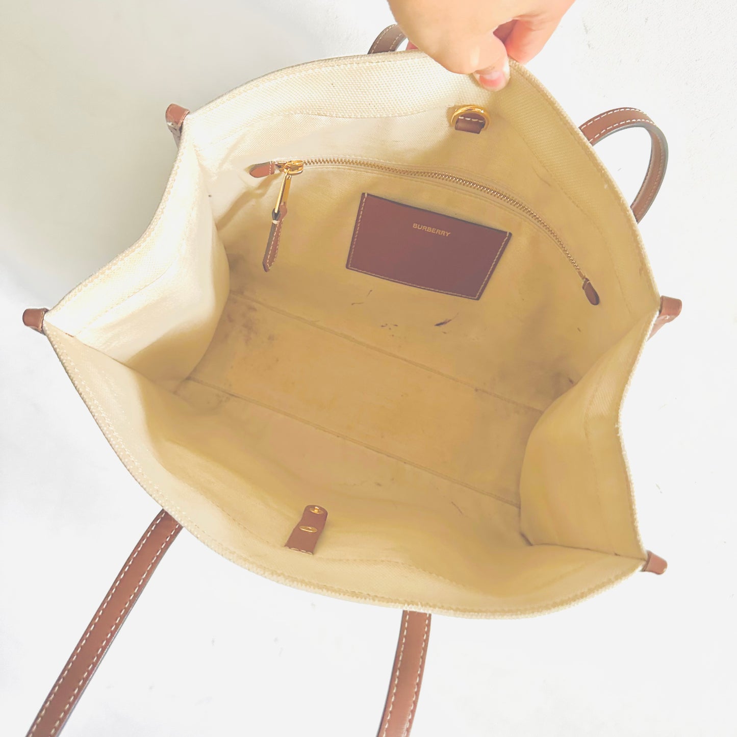Burberry Small Freya Giant Monogram Logo Shopper Shoulder Tote Bag (Natural / Tan)