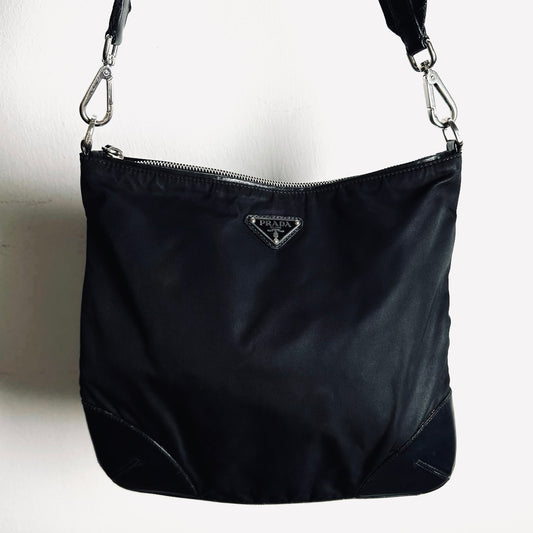 Prada Black Tessuto Monogram Logo Nylon & Leather Hobo Baguette Shoulder Sling Bag