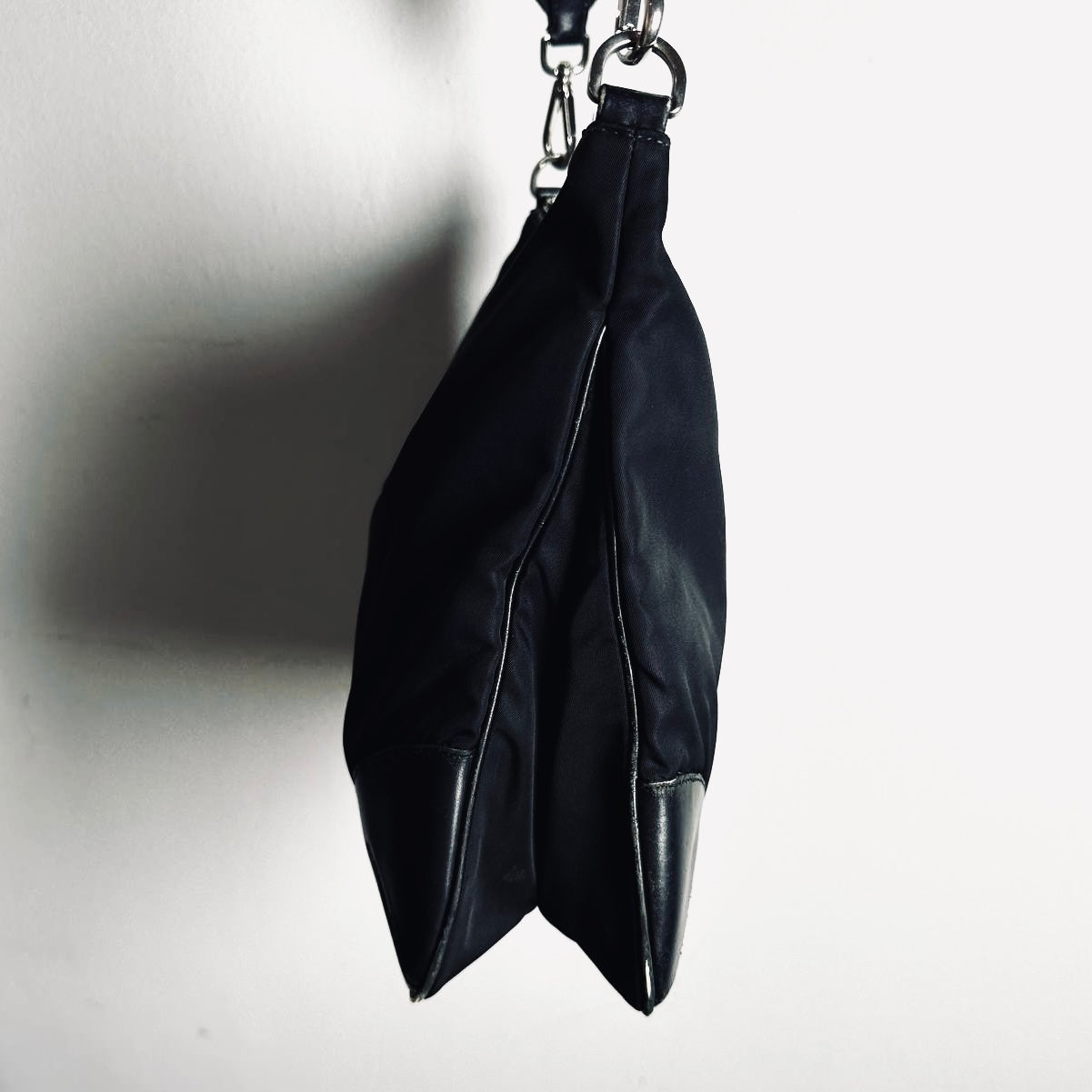 Prada Black Tessuto Monogram Logo Nylon & Leather Hobo Baguette Shoulder Sling Bag