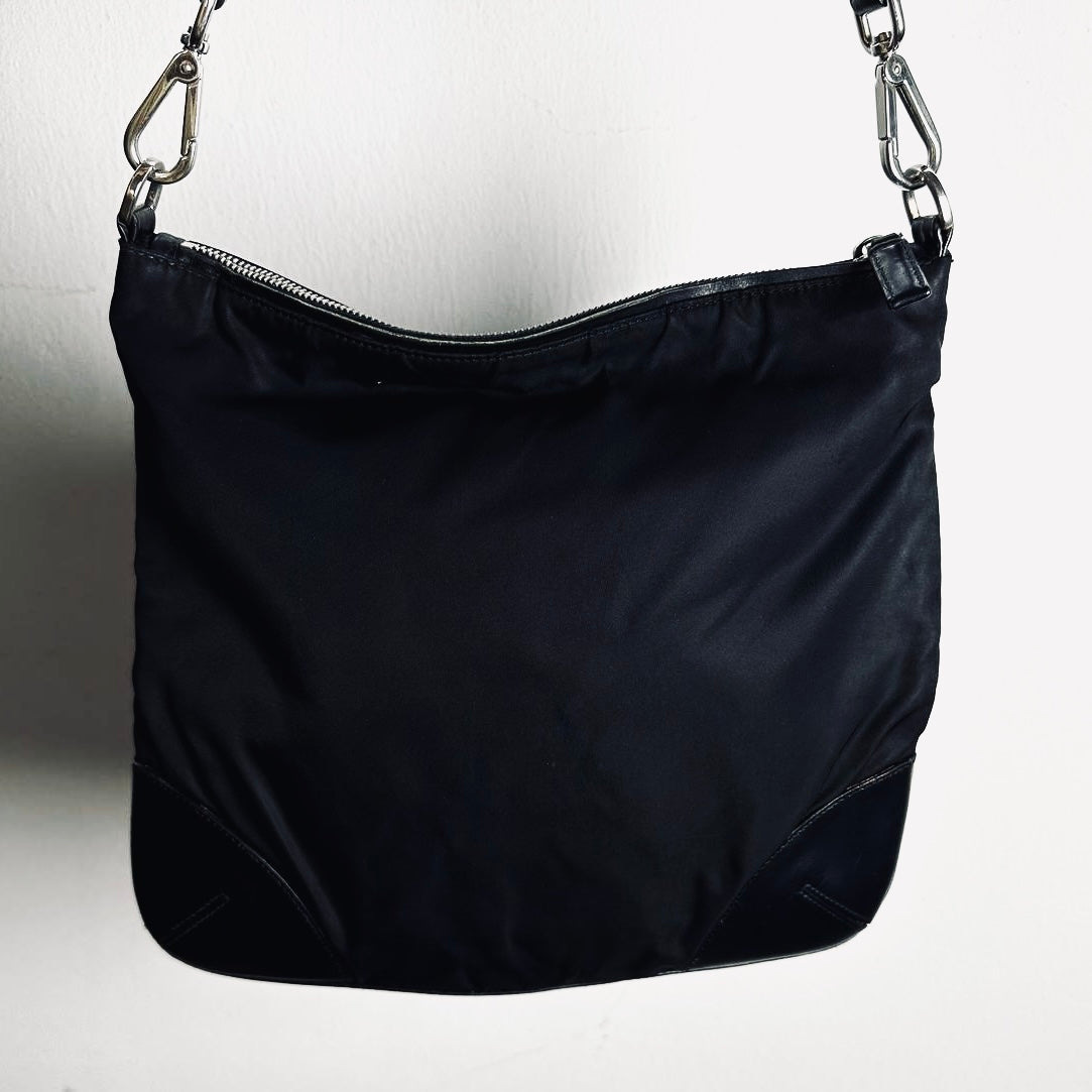 Prada Black Tessuto Monogram Logo Nylon & Leather Hobo Baguette Shoulder Sling Bag