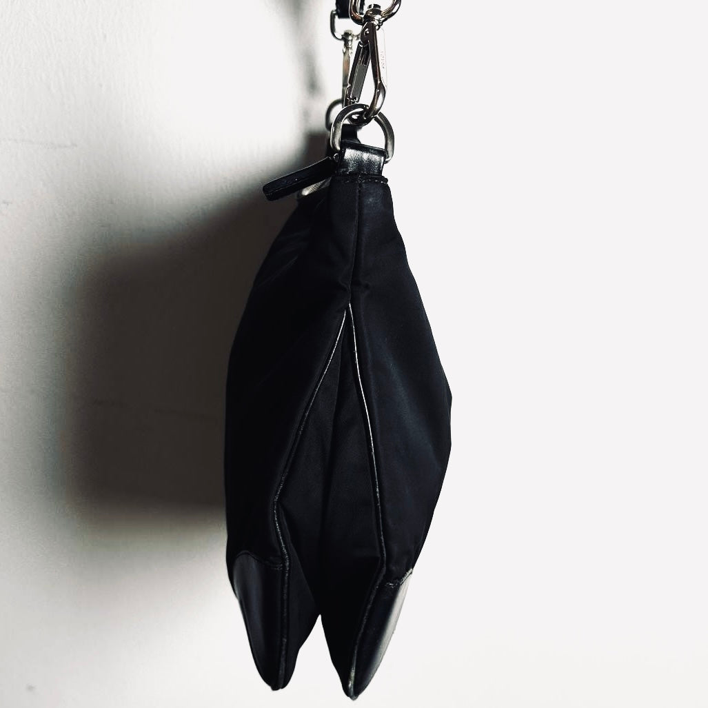 Prada Black Tessuto Monogram Logo Nylon & Leather Hobo Baguette Shoulder Sling Bag