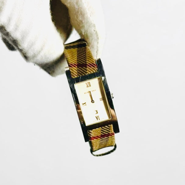 Burberry Heritage White Rectangular Dial Nova Check Checkered Plaid & Leather Strap Quartz 24MM Watch
