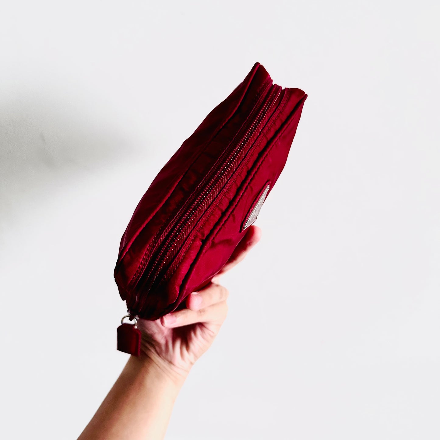 Prada Maroon Red Tessuto Monogram Logo Classic Nylon Zip Clutch Pouch Case