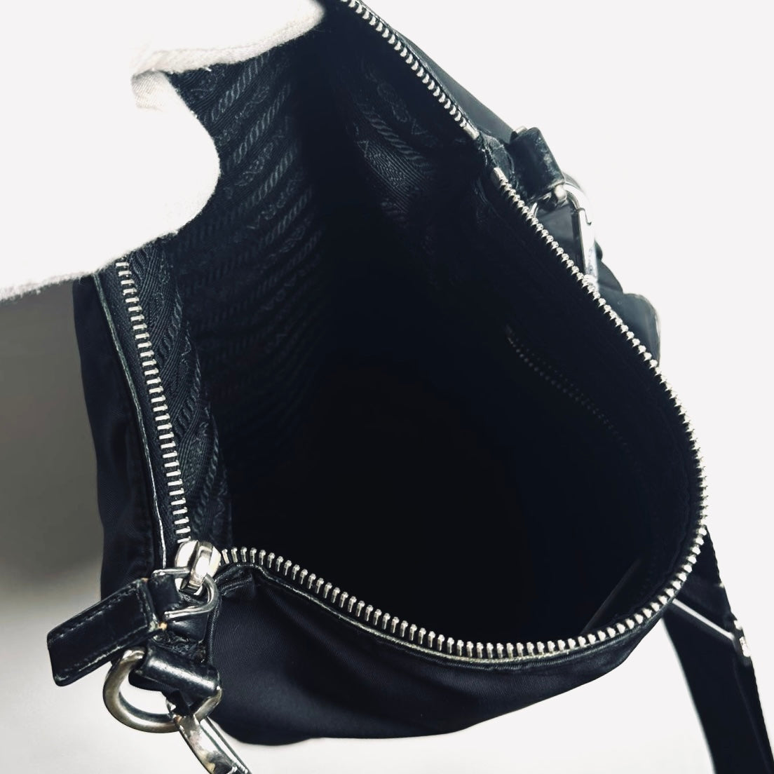 Prada Black Tessuto Monogram Logo Nylon & Leather Hobo Baguette Shoulder Sling Bag