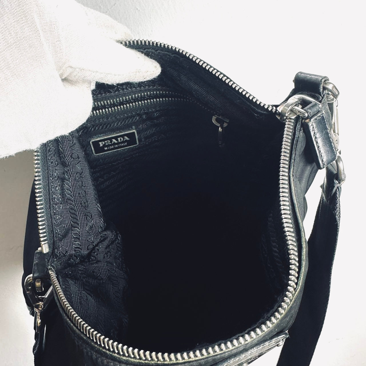 Prada Black Tessuto Monogram Logo Nylon & Leather Hobo Baguette Shoulder Sling Bag