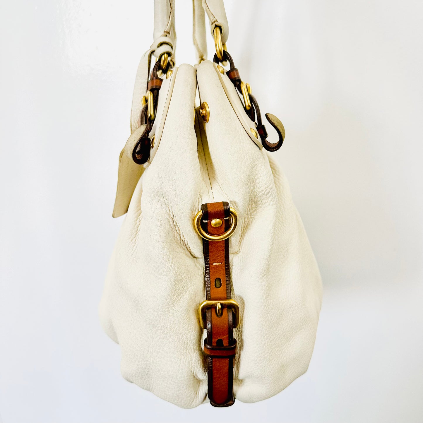 Prada Talco White Cervo Antik GHW Ruched Classic Monogram Logo Leather Hobo Baguette Shopper Shoulder Tote Bag