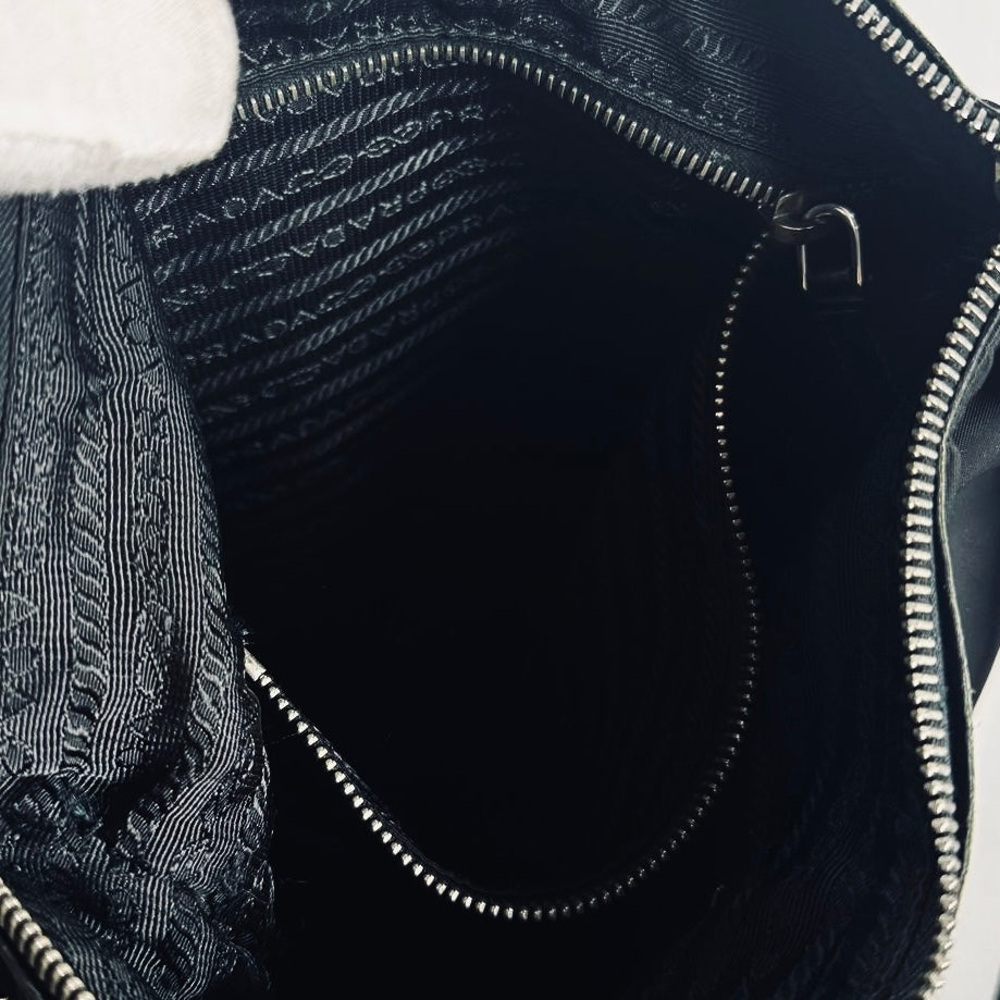 Prada Black Tessuto Monogram Logo Nylon & Leather Hobo Baguette Shoulder Sling Bag