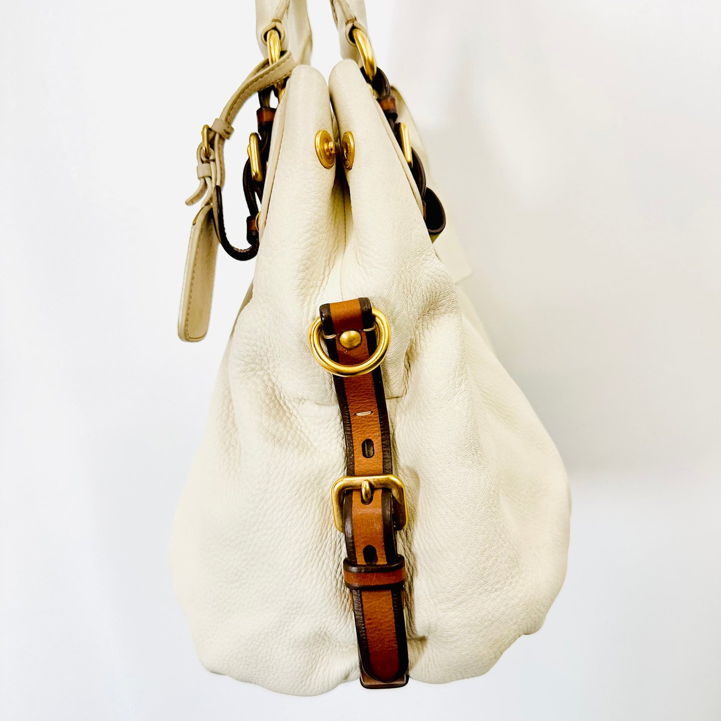 Prada Talco White Cervo Antik GHW Ruched Classic Monogram Logo Leather Hobo Baguette Shopper Shoulder Tote Bag