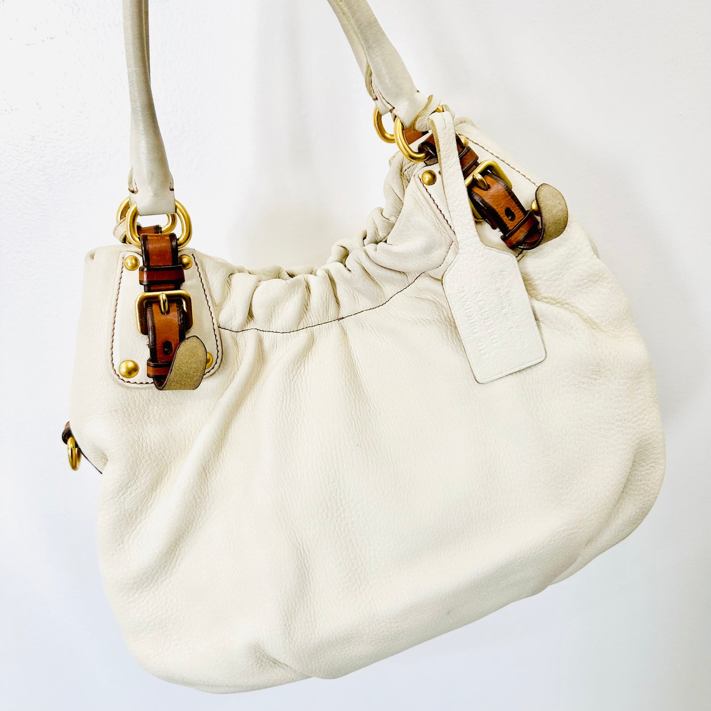 Prada Talco White Cervo Antik GHW Ruched Classic Monogram Logo Leather Hobo Baguette Shopper Shoulder Tote Bag