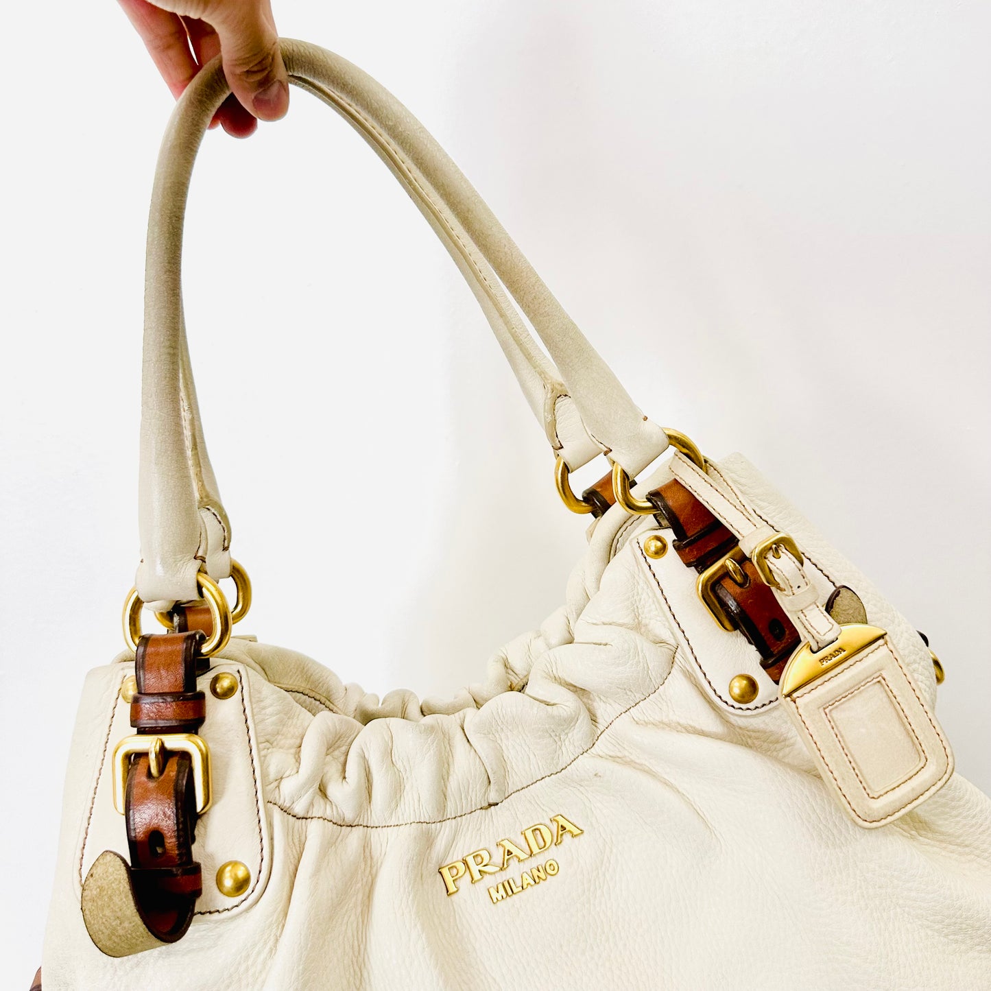 Prada Talco White Cervo Antik GHW Ruched Classic Monogram Logo Leather Hobo Baguette Shopper Shoulder Tote Bag