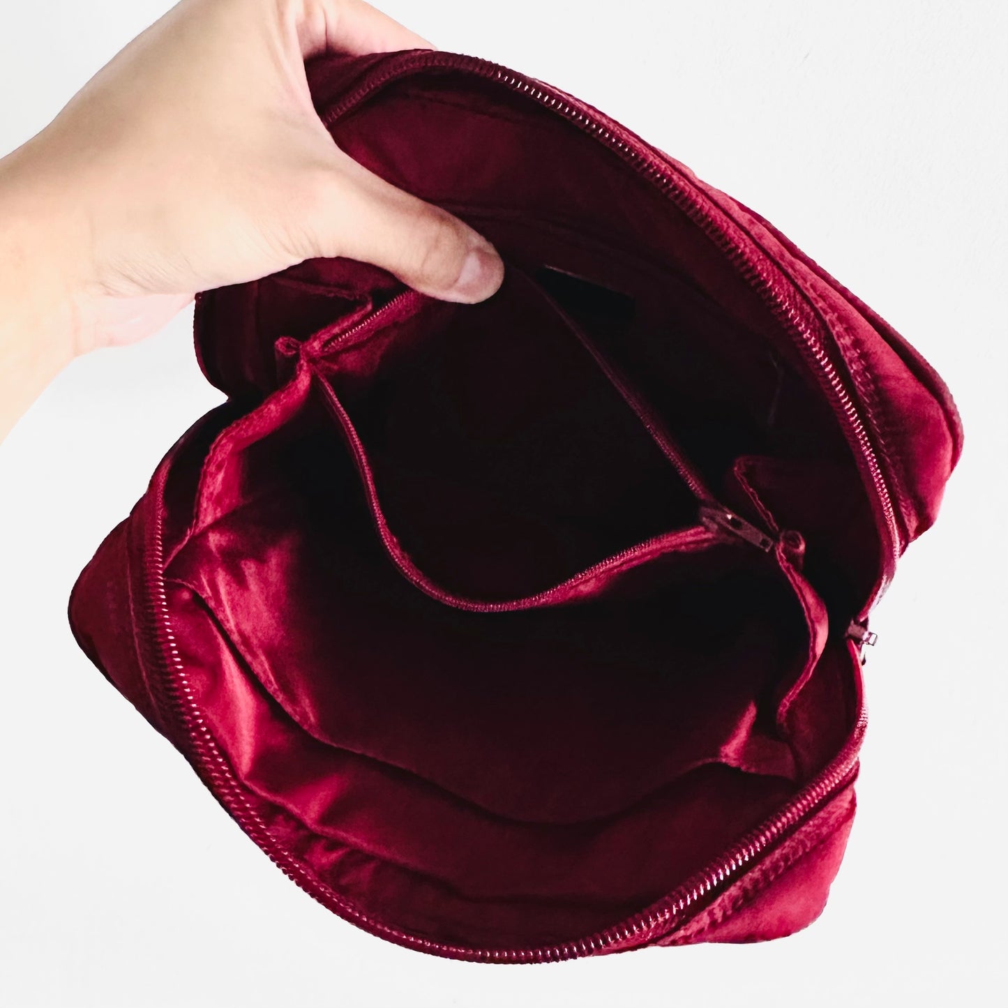 Prada Maroon Red Tessuto Monogram Logo Classic Nylon Zip Clutch Pouch Case