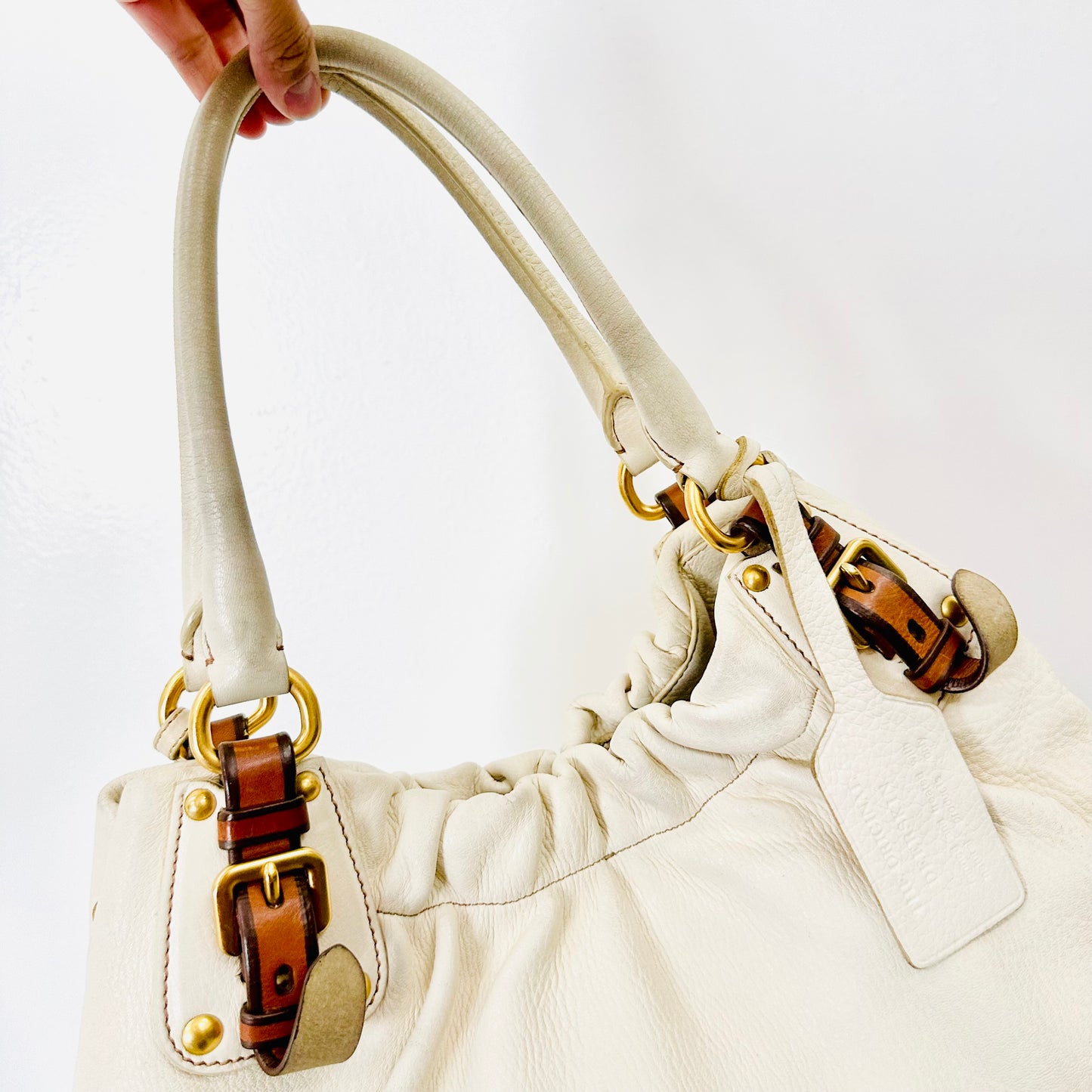 Prada Talco White Cervo Antik GHW Ruched Classic Monogram Logo Leather Hobo Baguette Shopper Shoulder Tote Bag