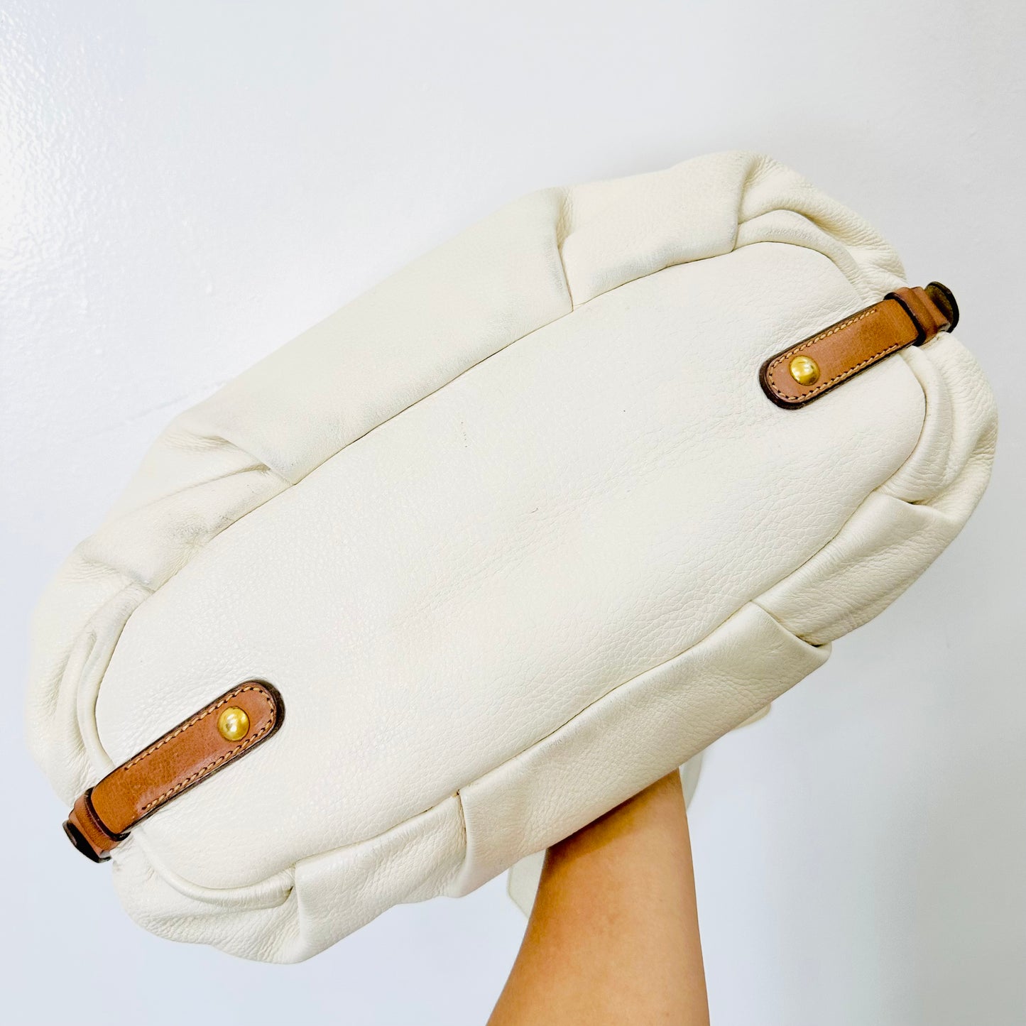 Prada Talco White Cervo Antik GHW Ruched Classic Monogram Logo Leather Hobo Baguette Shopper Shoulder Tote Bag