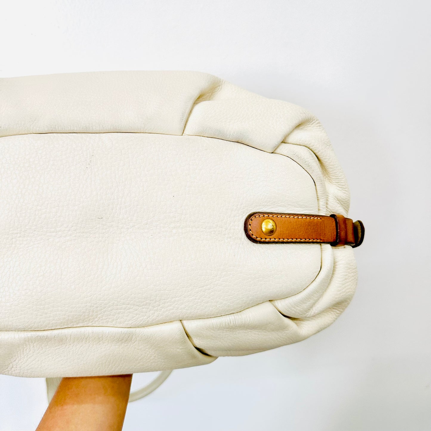 Prada Talco White Cervo Antik GHW Ruched Classic Monogram Logo Leather Hobo Baguette Shopper Shoulder Tote Bag