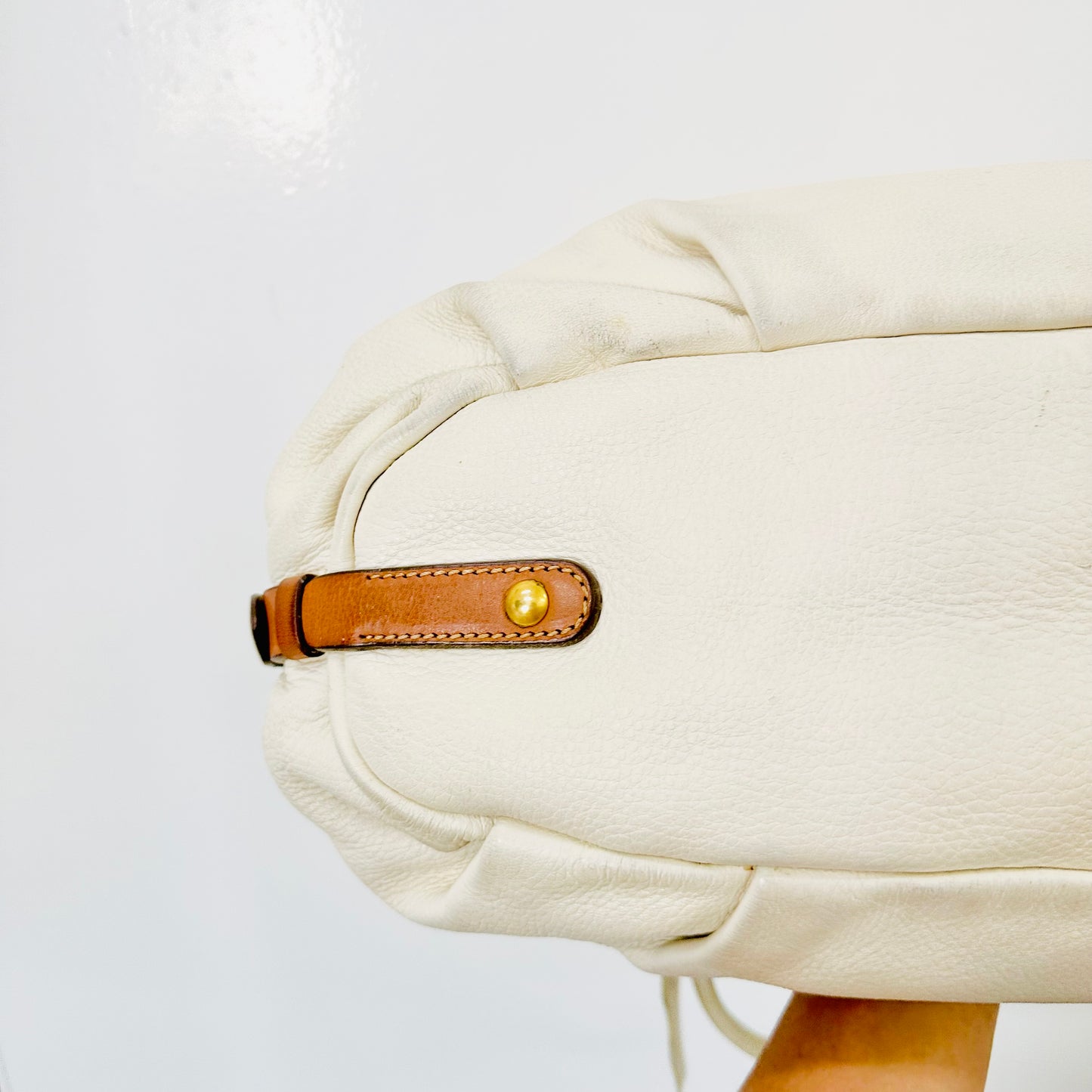 Prada Talco White Cervo Antik GHW Ruched Classic Monogram Logo Leather Hobo Baguette Shopper Shoulder Tote Bag