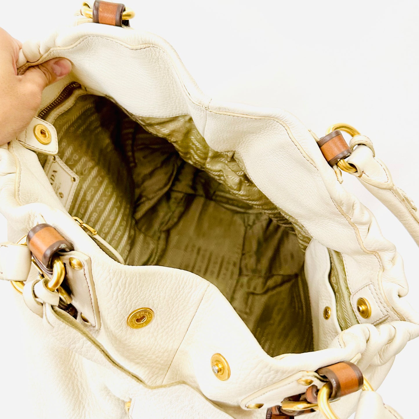 Prada Talco White Cervo Antik GHW Ruched Classic Monogram Logo Leather Hobo Baguette Shopper Shoulder Tote Bag