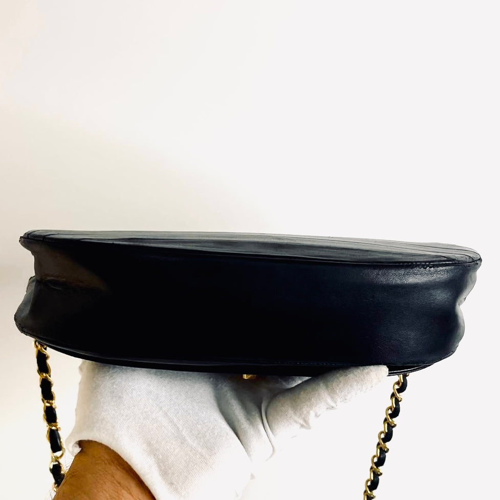 Chanel Black GHW Giant CC Monogram Logo Single Half Moon Full Flap Quilted Lambskin Vintage Turnlock Shoulder Sling Bag 0s