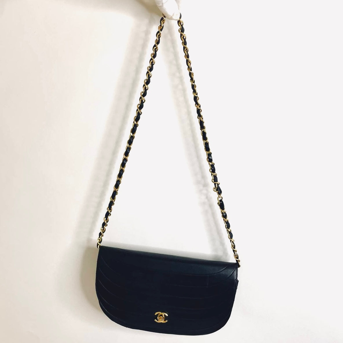 Chanel Black GHW Giant CC Monogram Logo Single Half Moon Full Flap Quilted Lambskin Vintage Turnlock Shoulder Sling Bag 0s