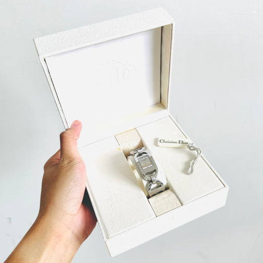 Christian Dior CD Chunky Pandiora Malice White Dial Stainless Steel Monogram Logo 19MM Chain Bracelet Bangle Watch